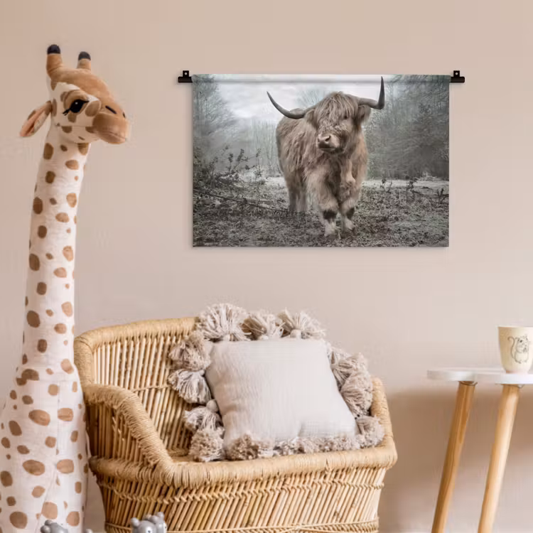 Schotse Hooglander - Bos - Mist - Koe - Dieren - Natuur Wandkleed katoen klein -wsfeer5_kind