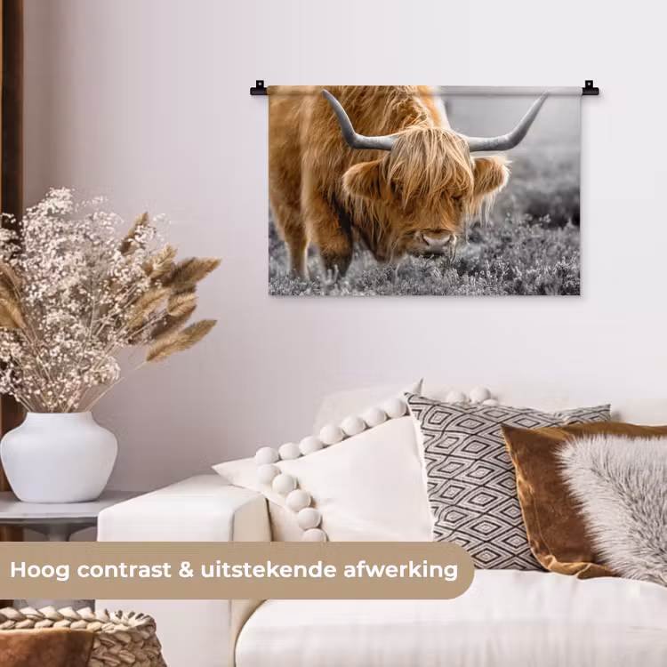 Schotse Hooglander - Dieren - Bruin - Koe - Zwart - Wit - Natuur Wandkleed katoen klein -sfeer1