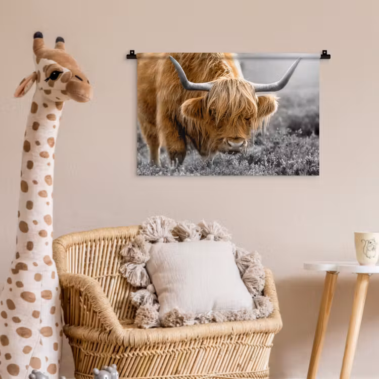 Schotse Hooglander - Dieren - Bruin - Koe - Zwart - Wit - Natuur Wandkleed katoen klein -wsfeer5_kind