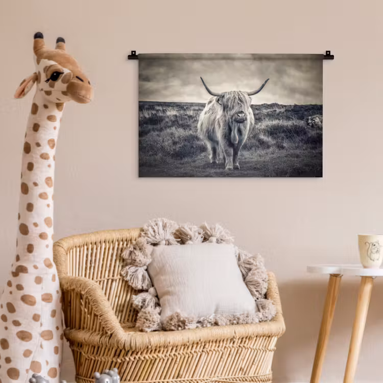 Schotse hooglander - Dieren - Wolken - Koe - Natuur Wandkleed katoen klein -wsfeer5_kind