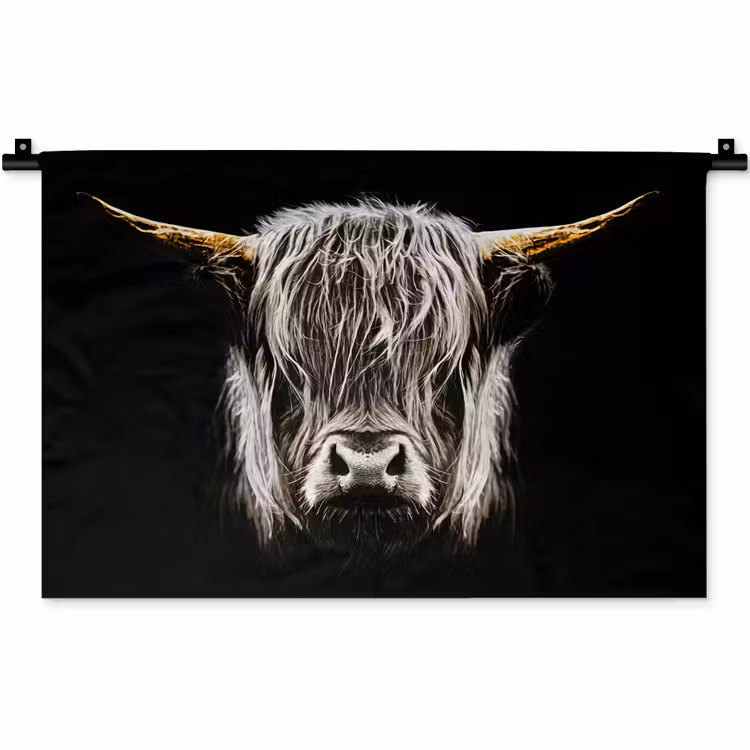 Schotse hooglander - Goud - Hoorns - Zwart wit - Koe - Dieren Wandkleed katoen klein -zz3d