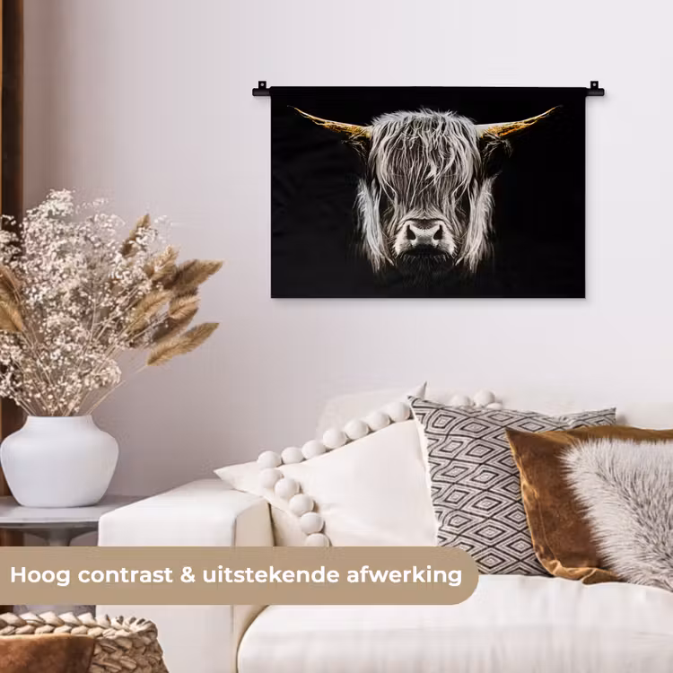 Schotse hooglander - Goud - Hoorns - Zwart wit - Koe - Dieren Wandkleed katoen klein -sfeer1