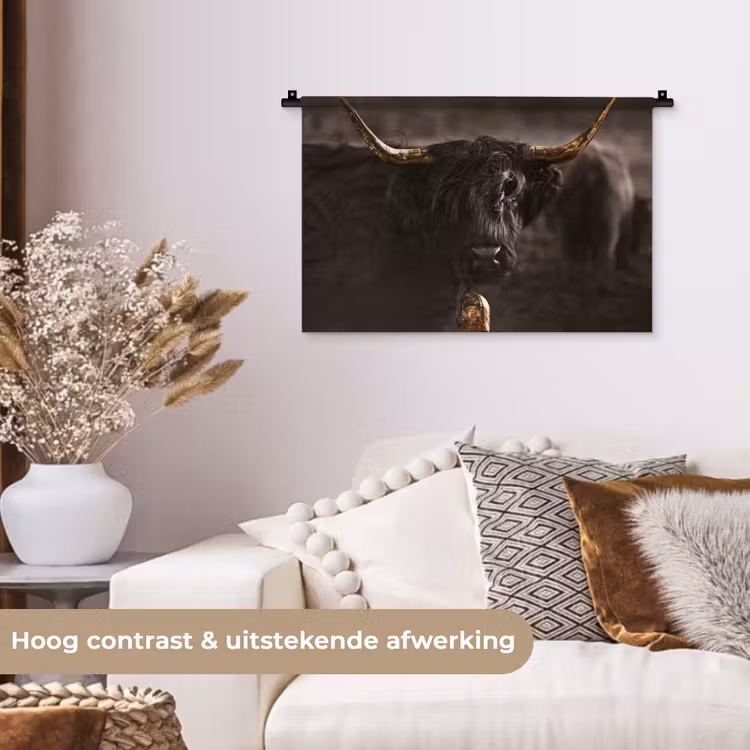 Schotse hooglander - Goud - Koebel - Hoorns - Dieren Wandkleed katoen klein -sfeer1