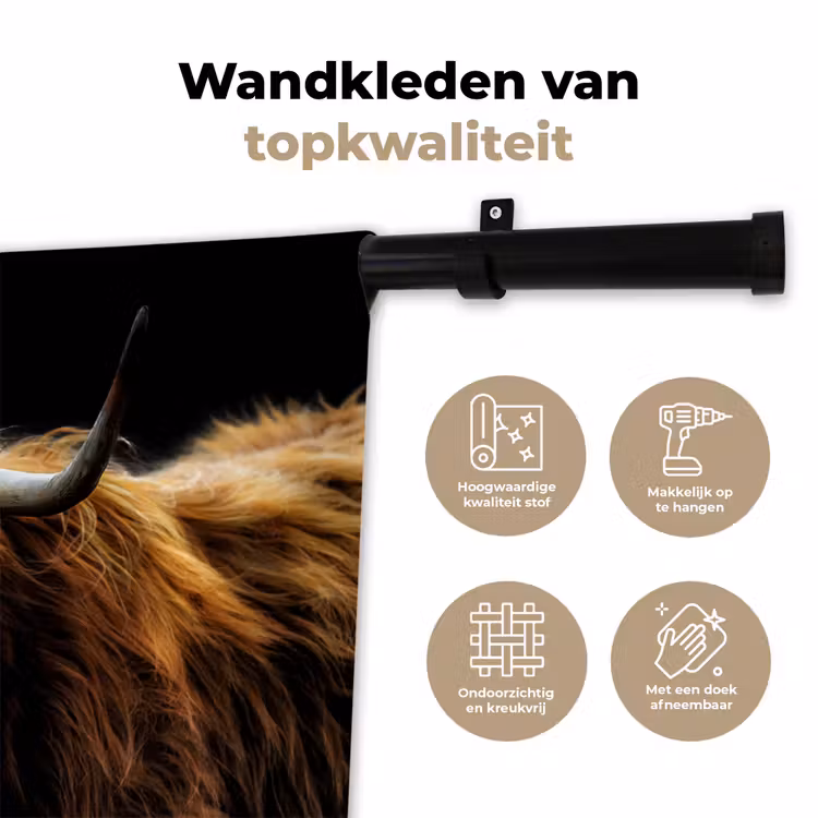 Schotse Hooglander - Horens - Zwart - Dieren - Natuur - Wild - Koe Wandkleed katoen klein -sfeer2