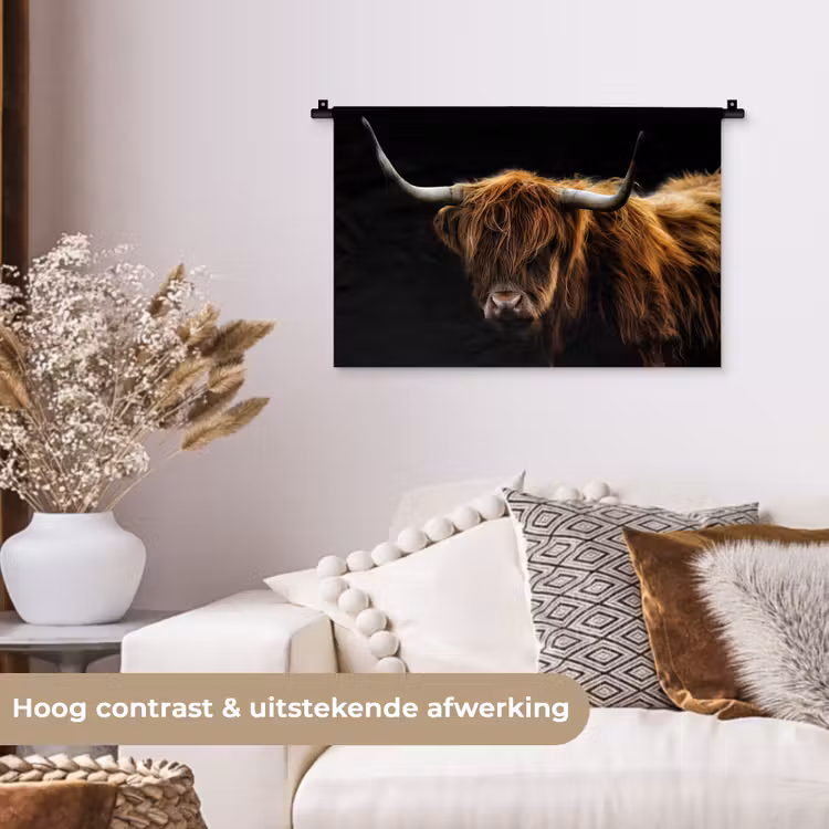 Schotse Hooglander - Horens - Zwart - Dieren - Natuur - Wild - Koe Wandkleed katoen klein -sfeer1