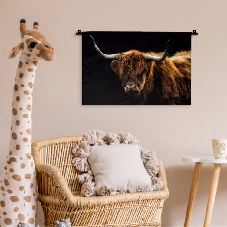 Schotse Hooglander - Horens - Zwart - Dieren - Natuur - Wild - Koe Wandkleed katoen klein -wsfeer5_kind