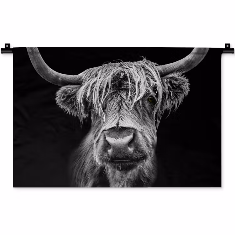 Schotse Hooglander - Horens - Zwart - Wit - Koe - Wild - Dieren Wandkleed katoen klein -zz3d