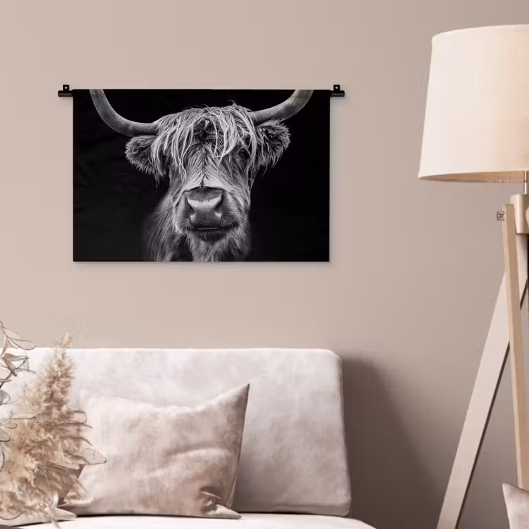 Schotse Hooglander - Horens - Zwart - Wit - Koe - Wild - Dieren Wandkleed katoen klein -sfeer4