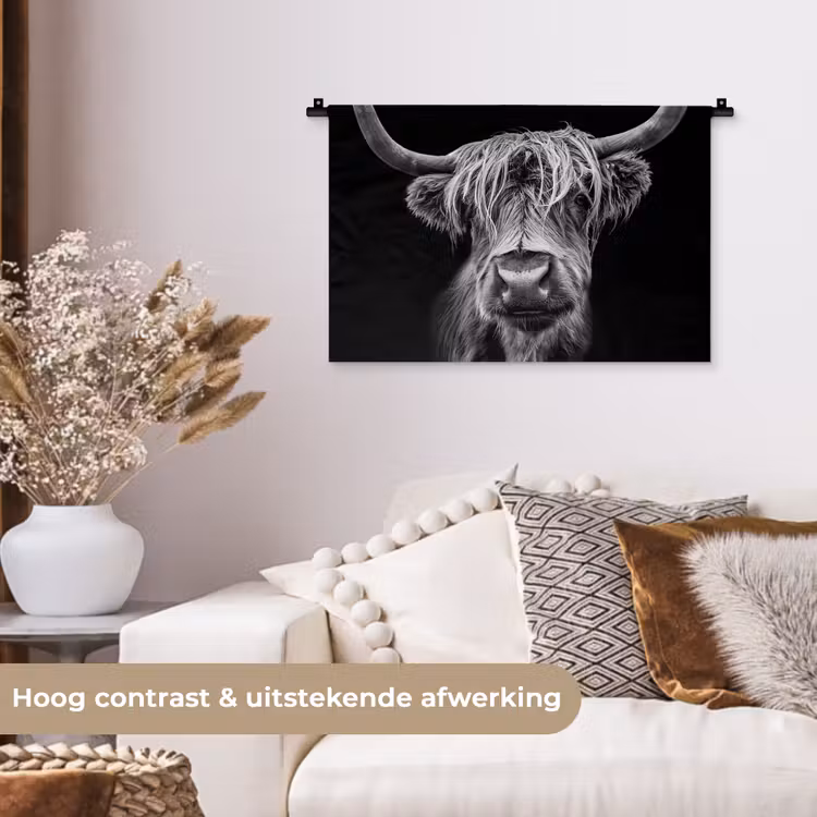 Schotse Hooglander - Horens - Zwart - Wit - Koe - Wild - Dieren Wandkleed katoen klein -sfeer1