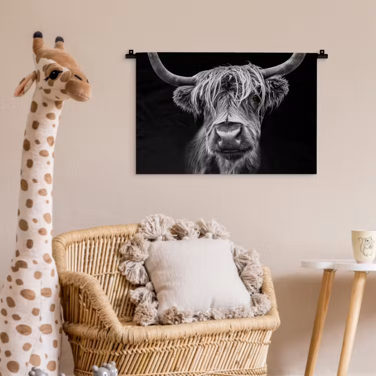 Schotse Hooglander - Horens - Zwart - Wit - Koe - Wild - Dieren Wandkleed katoen klein -wsfeer5_kind