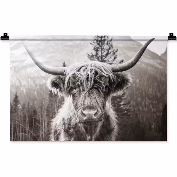 Schotse hooglander - Koe - Dieren - Zwart - Wit Wandkleed katoen klein -zz3d