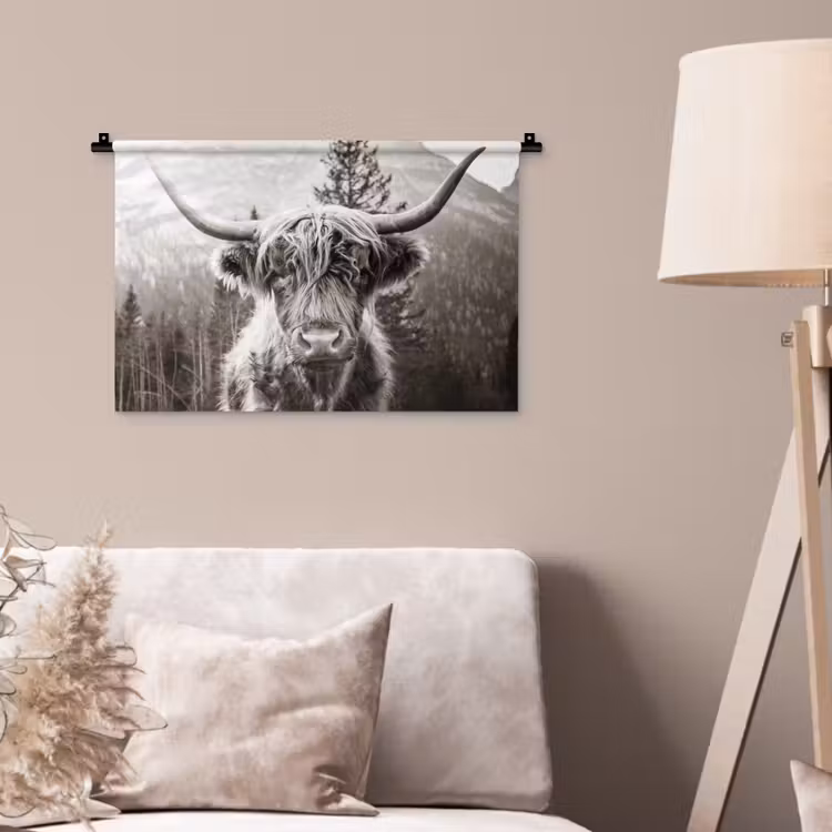 Schotse hooglander - Koe - Dieren - Zwart - Wit Wandkleed katoen klein -sfeer4