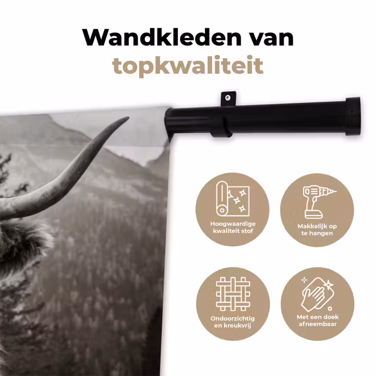 Schotse hooglander - Koe - Dieren - Zwart - Wit Wandkleed katoen klein -sfeer2