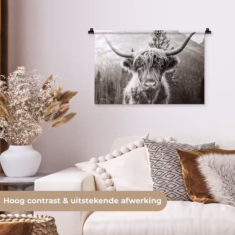 Schotse hooglander - Koe - Dieren - Zwart - Wit Wandkleed katoen klein -sfeer1