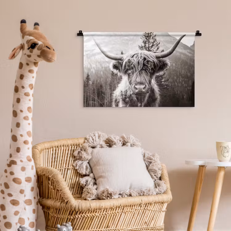 Schotse hooglander - Koe - Dieren - Zwart - Wit Wandkleed katoen klein -wsfeer5_kind
