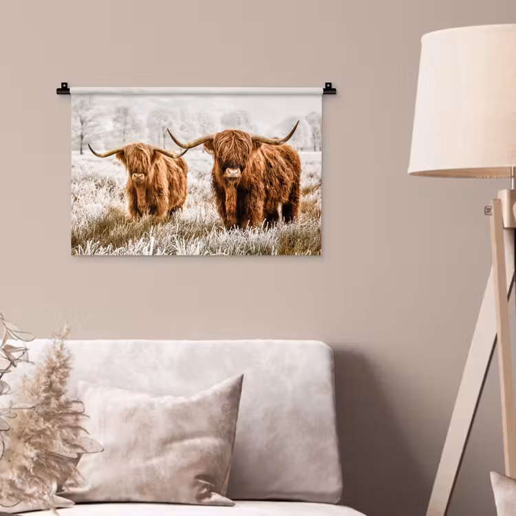 Schotse hooglander - Koe - Dieren - Natuur - Heide Wandkleed katoen klein -sfeer4