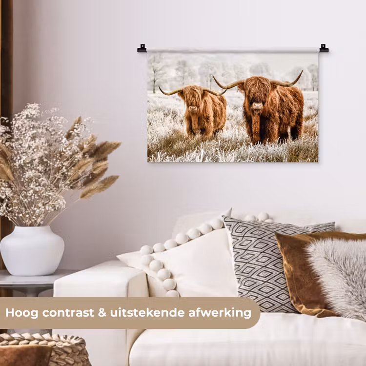 Schotse hooglander - Koe - Dieren - Natuur - Heide Wandkleed katoen klein -sfeer1