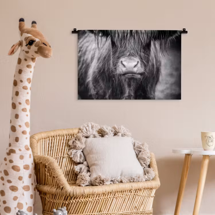 Schotse hooglander - Koe - Zwart - Wit - Dieren Wandkleed katoen klein -wsfeer5_kind