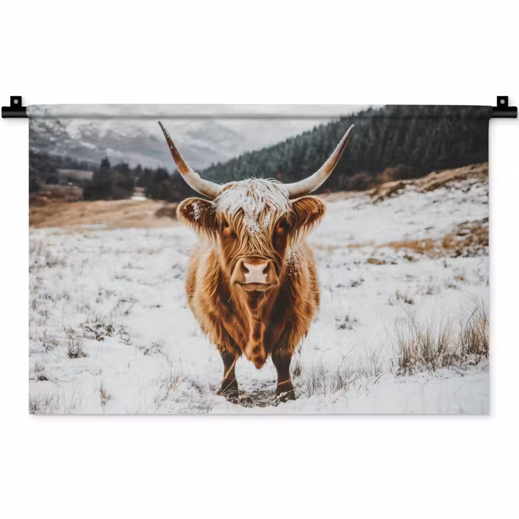 Schotse Hooglander - Landschap - Sneeuw - Bergen - Winter Wandkleed katoen klein -zz3d