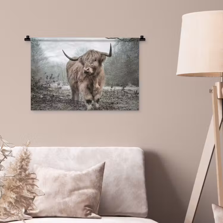Schotse hooglander - Natuur - Herfst - Dieren - Wild - Bos Wandkleed katoen klein -sfeer4