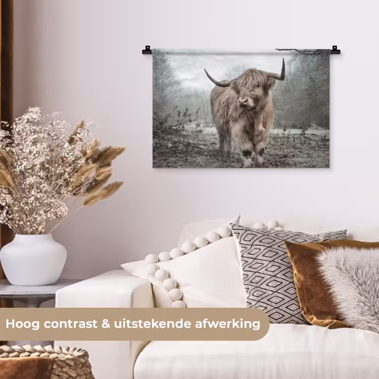 Schotse hooglander - Natuur - Herfst - Dieren - Wild - Bos Wandkleed katoen klein -sfeer1