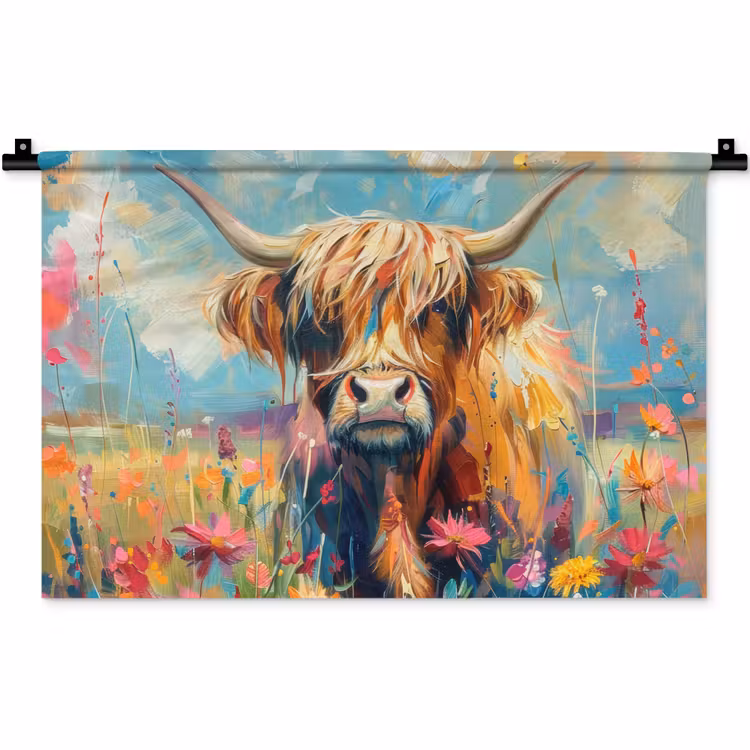 Schotse hooglander - Natuur - Kleurrijk - Bloemen Wandkleed katoen klein -zz3d