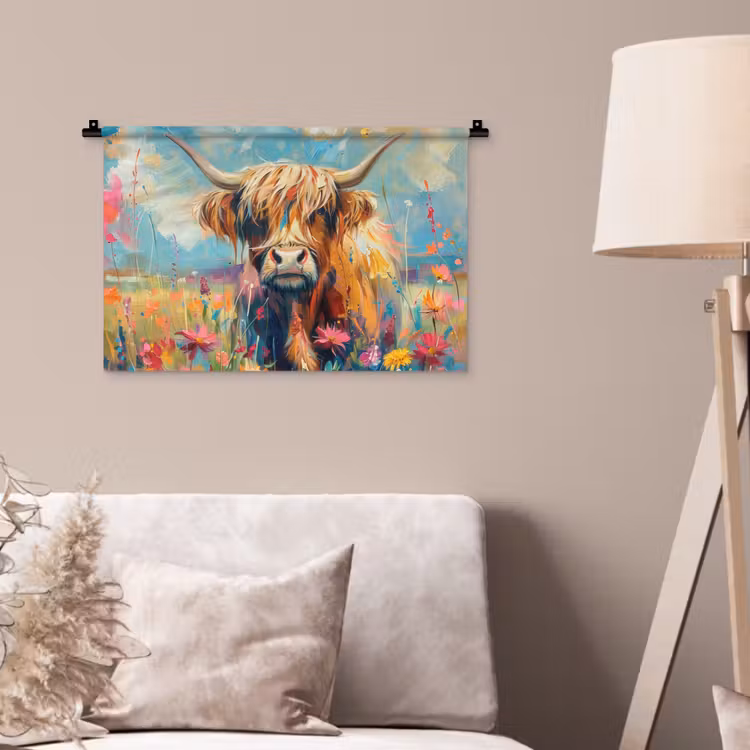 Schotse hooglander - Natuur - Kleurrijk - Bloemen Wandkleed katoen klein -sfeer4