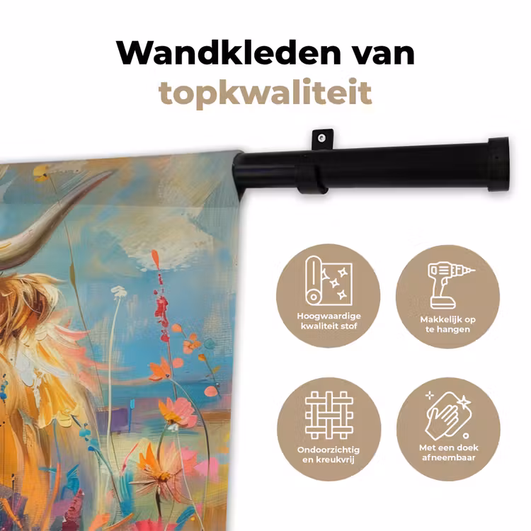 Schotse hooglander - Natuur - Kleurrijk - Bloemen Wandkleed katoen klein -sfeer2