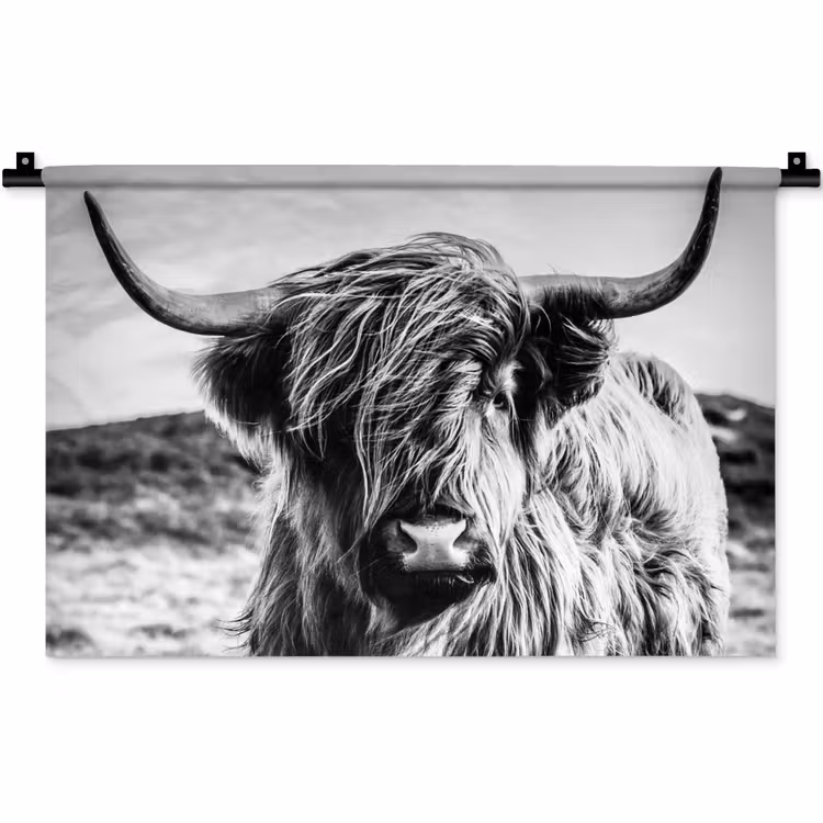 Schotse hooglander - Natuur - Koe - Zwart - Wit Wandkleed katoen klein -zz3d