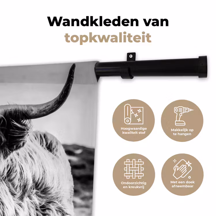Schotse hooglander - Natuur - Koe - Zwart - Wit Wandkleed katoen klein -sfeer2