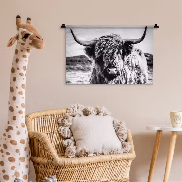 Schotse hooglander - Natuur - Koe - Zwart - Wit Wandkleed katoen klein -wsfeer5_kind