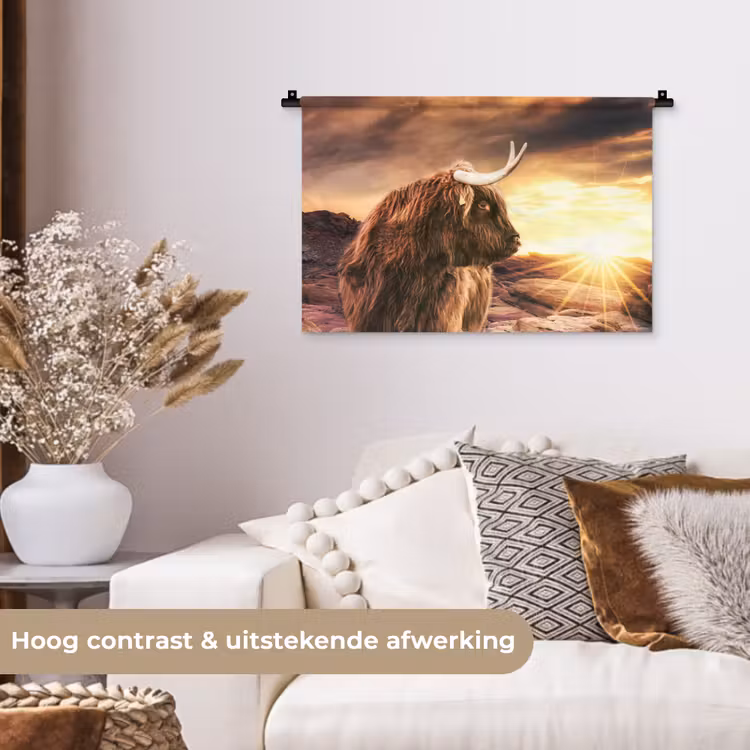 Schotse hooglander - Zon - Horizon - Koe - Dieren Wandkleed katoen klein -sfeer1