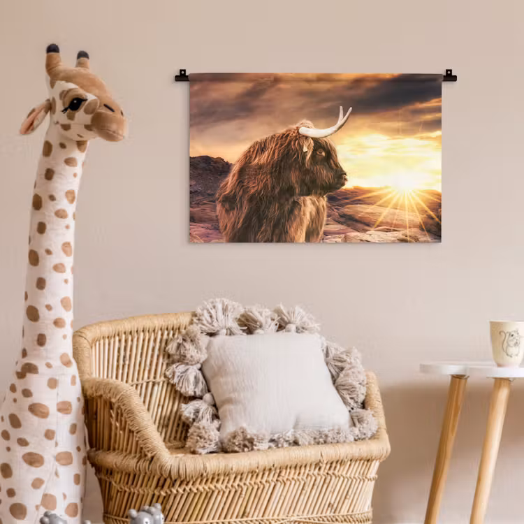 Schotse hooglander - Zon - Horizon - Koe - Dieren Wandkleed katoen klein -wsfeer5_kind