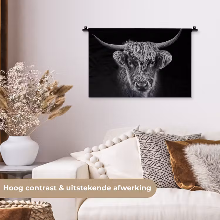 Schotse hooglander - Zwart - Koe - Dieren Wandkleed katoen klein -sfeer1