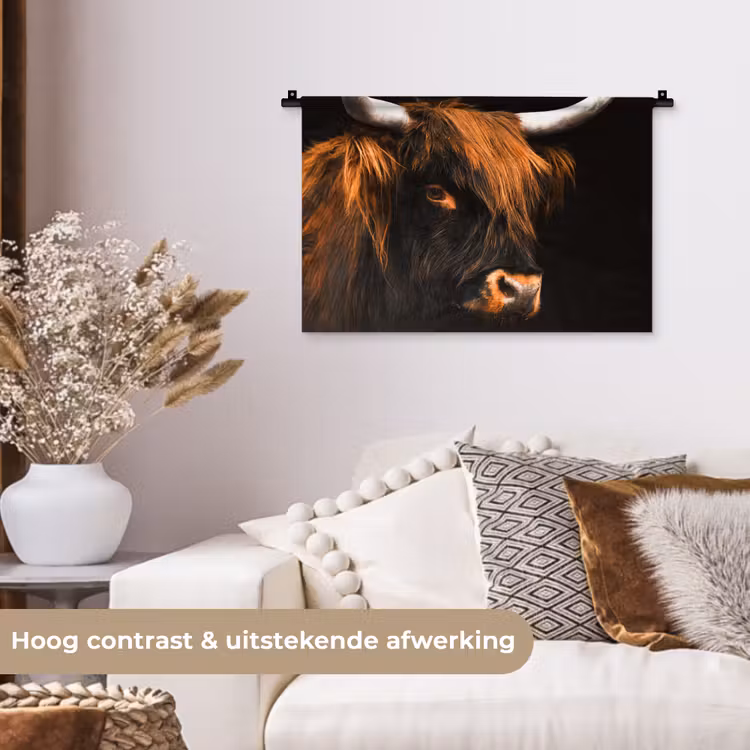 Schotse hooglander - Zwart - Koe - Hoorn - Dieren Wandkleed katoen klein -sfeer1