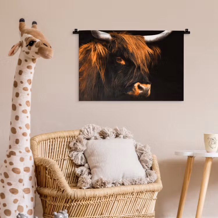 Schotse hooglander - Zwart - Koe - Hoorn - Dieren Wandkleed katoen klein -wsfeer5_kind