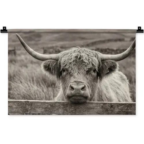 Schotse hooglander - Zwart - Wit - Hout Wandkleed katoen klein -zz3d