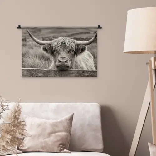 Schotse hooglander - Zwart - Wit - Hout Wandkleed katoen klein -sfeer4