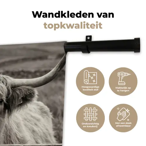 Schotse hooglander - Zwart - Wit - Hout Wandkleed katoen klein -sfeer2