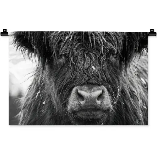 Schotse hooglander - Zwart - Wit - Sneeuwvlokken Wandkleed katoen klein -zz3d
