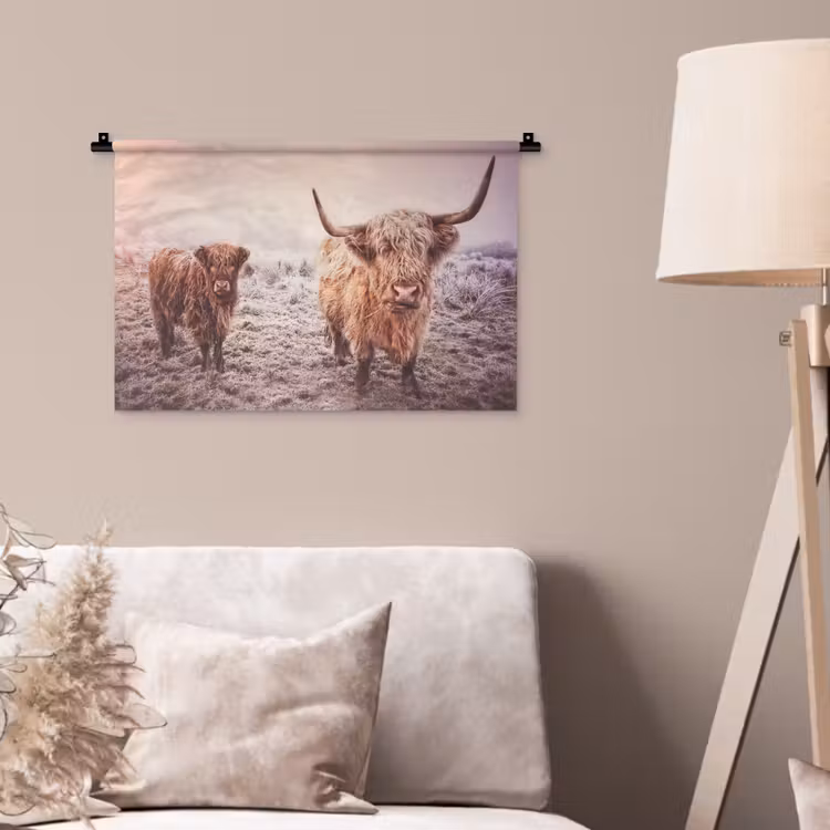 Schotse hooglanders - Licht - Lucht - Natuur Wandkleed katoen klein -sfeer4
