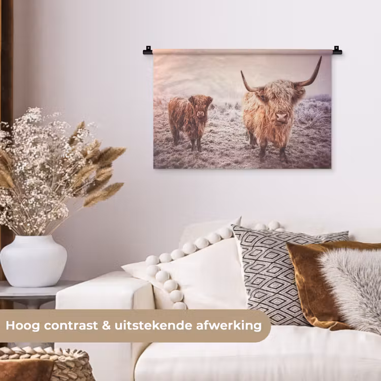 Schotse hooglanders - Licht - Lucht - Natuur Wandkleed katoen klein -sfeer1