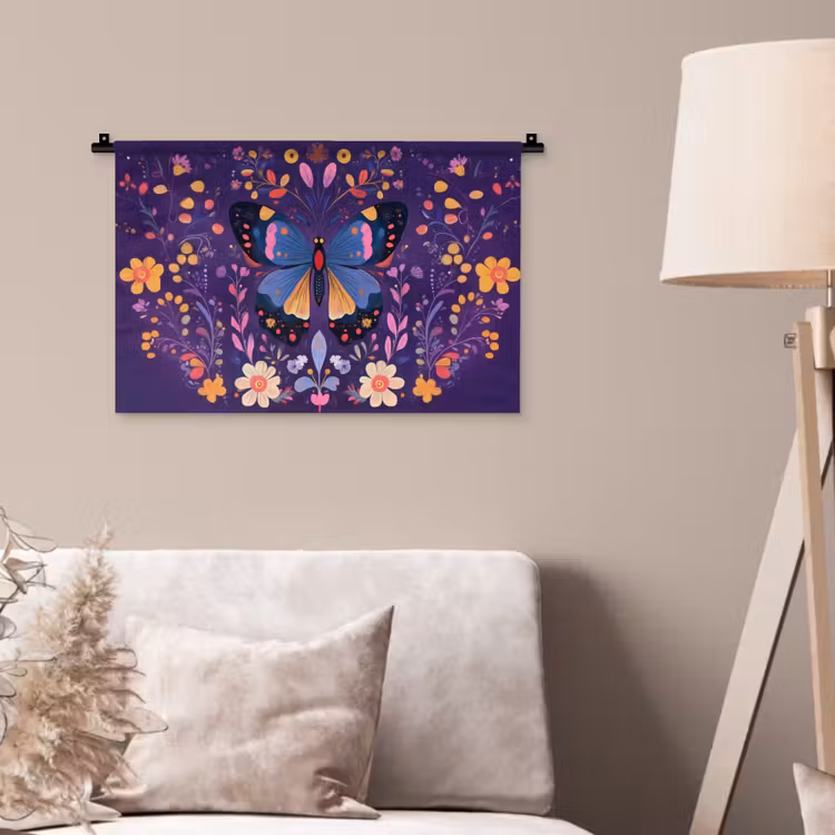 Sierlijk - Bloemen - Vlinder - Paars Wandkleed katoen klein -sfeer4