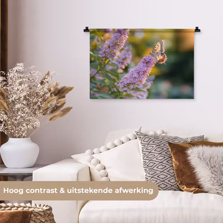 Sierlijke - Vlinder - Paarse - Bloemen Wandkleed katoen klein -sfeer1