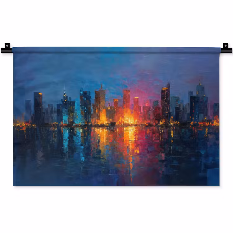 Skyline - Penseelstreken - Donkerblauw - Lichtgevend Wandkleed katoen klein -zz3d
