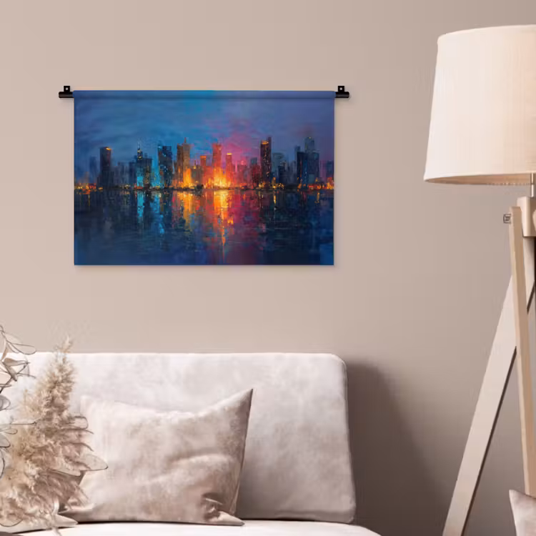 Skyline - Penseelstreken - Donkerblauw - Lichtgevend Wandkleed katoen klein -sfeer4