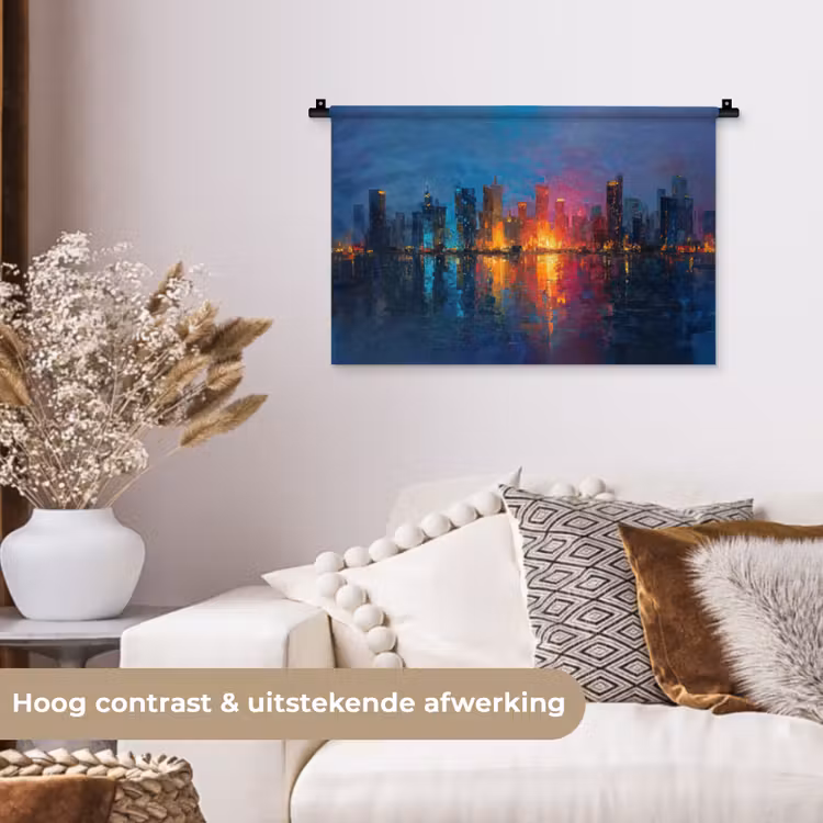 Skyline - Penseelstreken - Donkerblauw - Lichtgevend Wandkleed katoen klein -sfeer1