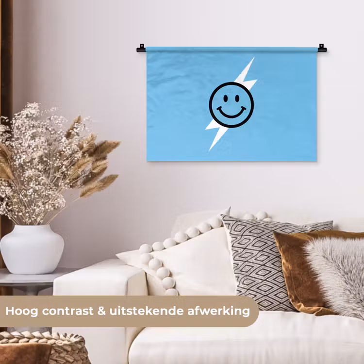 Smiley - Blauw - Bliksem Wandkleed katoen klein -sfeer1