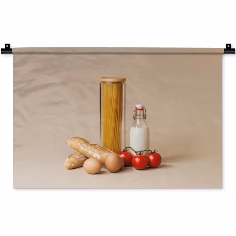 Spaghetti - Melk - Tomaten - Eieren - Brood Wandkleed katoen klein -zz3d