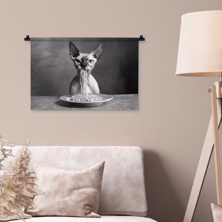 Sphynx - Kat - Dieren - Humor - Spaghetti - Zwart Wit Wandkleed katoen klein -sfeer4
